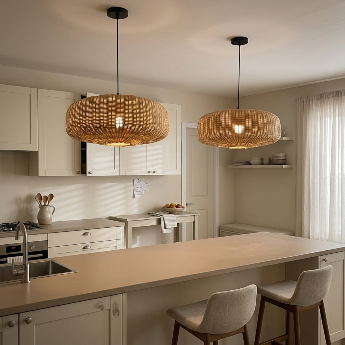 Sia Wicker Drum Pendant Light over kitchen island, two clustered 19.7-inch drums spreading light evenly across the work surface without gaps