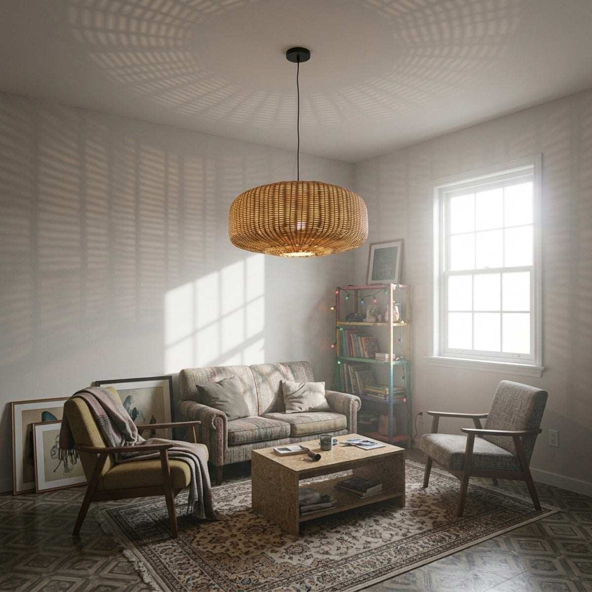 Sia Wicker Drum Pendant Light in living room, 29.5-inch drum standing as a centerpiece with open weave keeping the scale light over the sofa grouping