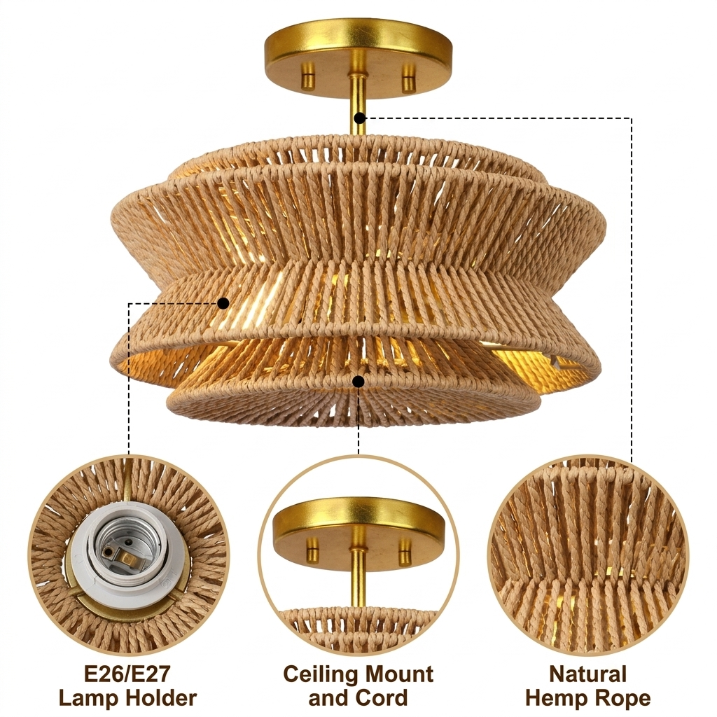 Silvia Wabi Sabi Boho Hemp Rope Ceiling Light with dense radial hemp weave, brown matte finish, flush ceiling mount, one E26 socket for warm ambient glow