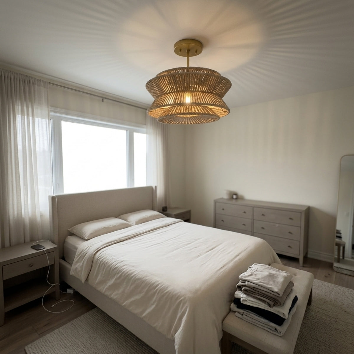 Silvia Wabi Sabi Boho Hemp Rope Ceiling Light in bedroom, 19.7-inch tier hung at pillow height beside the bed replacing a table lamp without cord clutter