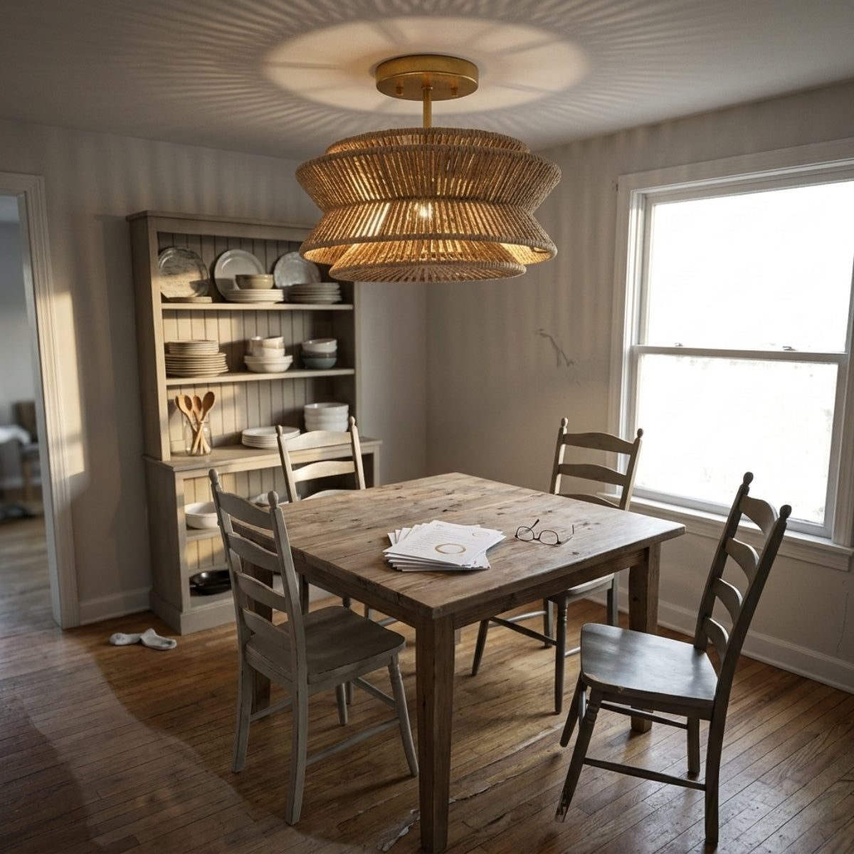Silvia Wabi Sabi Boho Hemp Rope Ceiling Light in dining room, 23.6-inch hourglass tier over the table keeping sightlines clear while spreading light across place settings