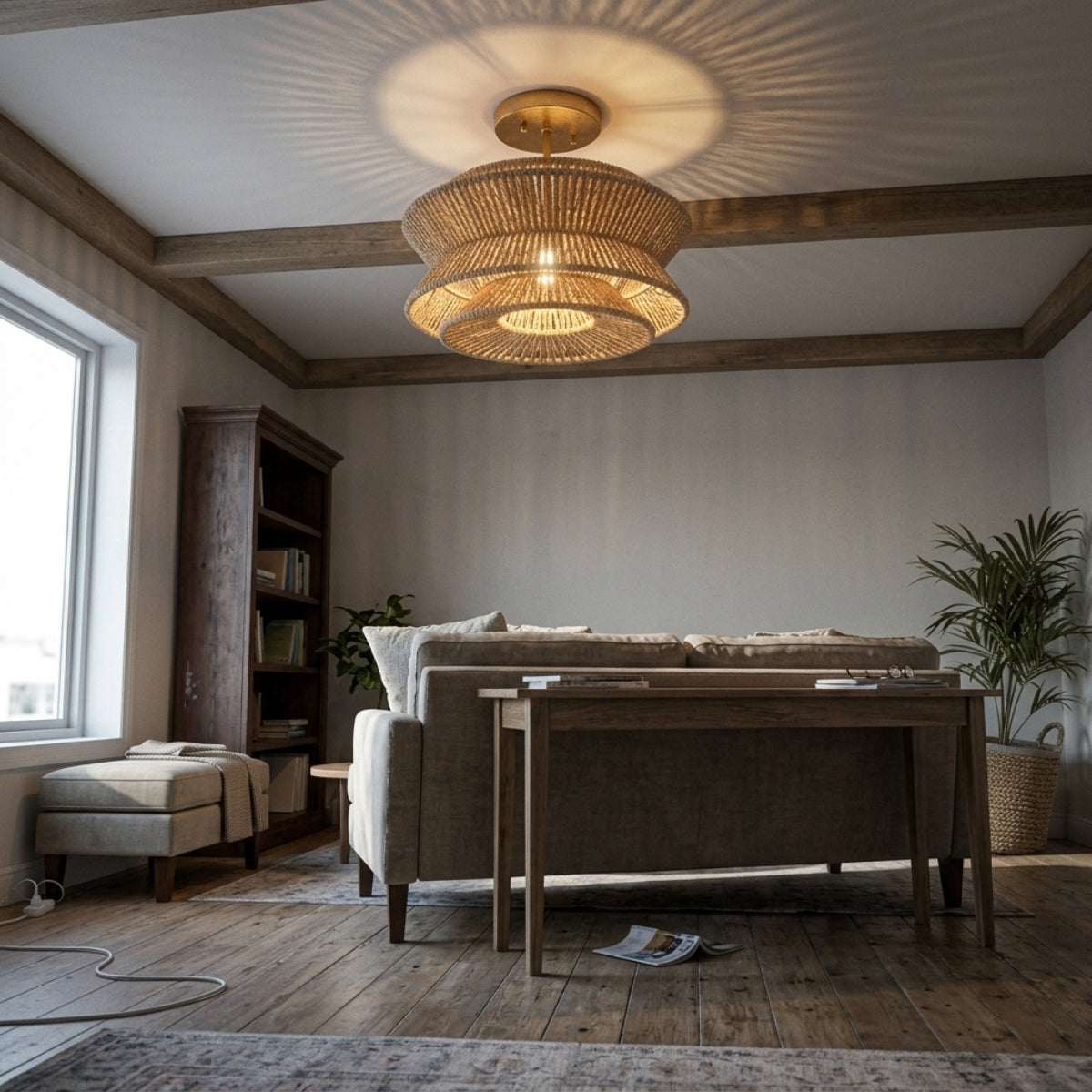 Silvia Wabi Sabi Boho Hemp Rope Ceiling Light in living room, 31.5-inch tiered hourglass reading as a centerpiece with dense hemp weave throwing ambient light over the sofa