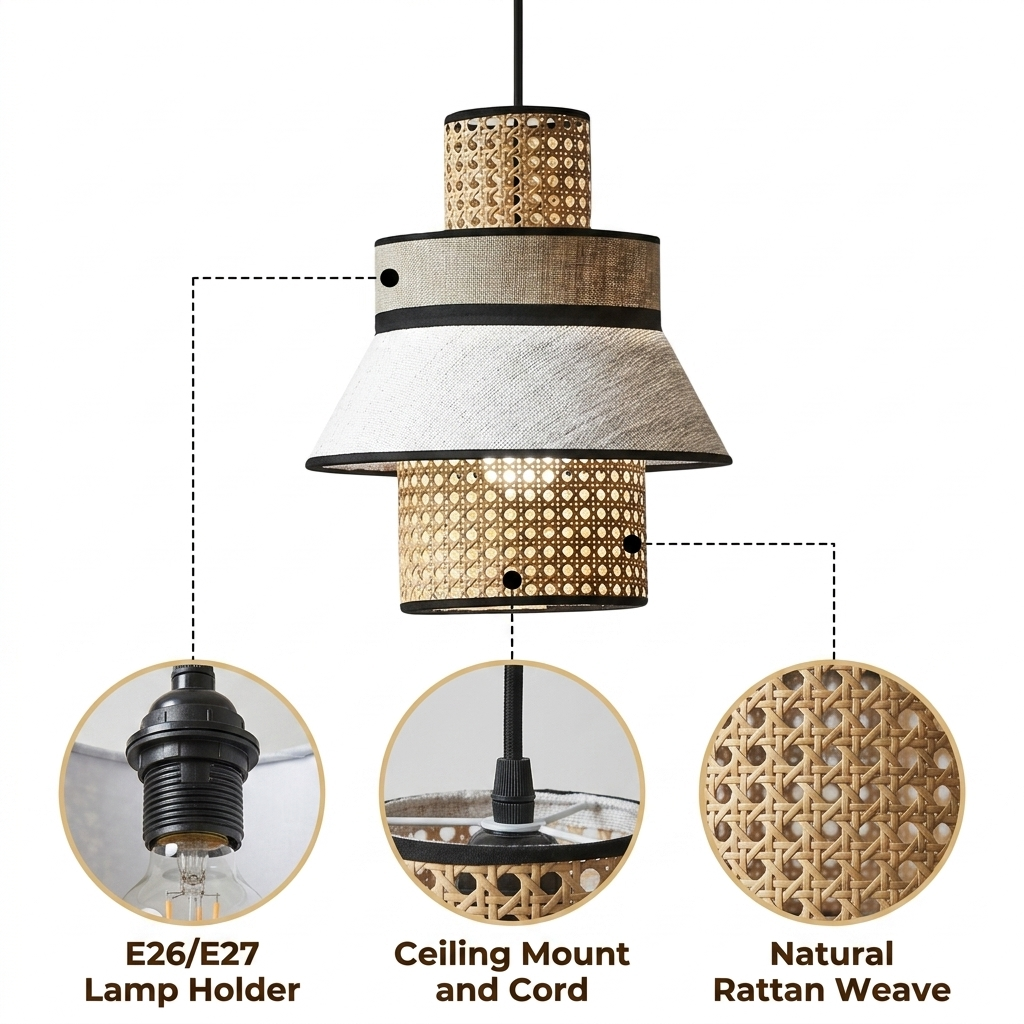 Singapour Cylinder Tiered Rattan Pendant Light with diamond-weave rattan cylinder, natural matte finish, adjustable-cord ceiling mount, one E26 socket for balanced ambient glow