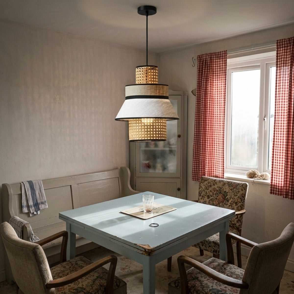 Singapour Cylinder Tiered Rattan Pendant Light in dining room, wide diamond-weave cylinder centered above the table spreading light across the tabletop without eye-level glare