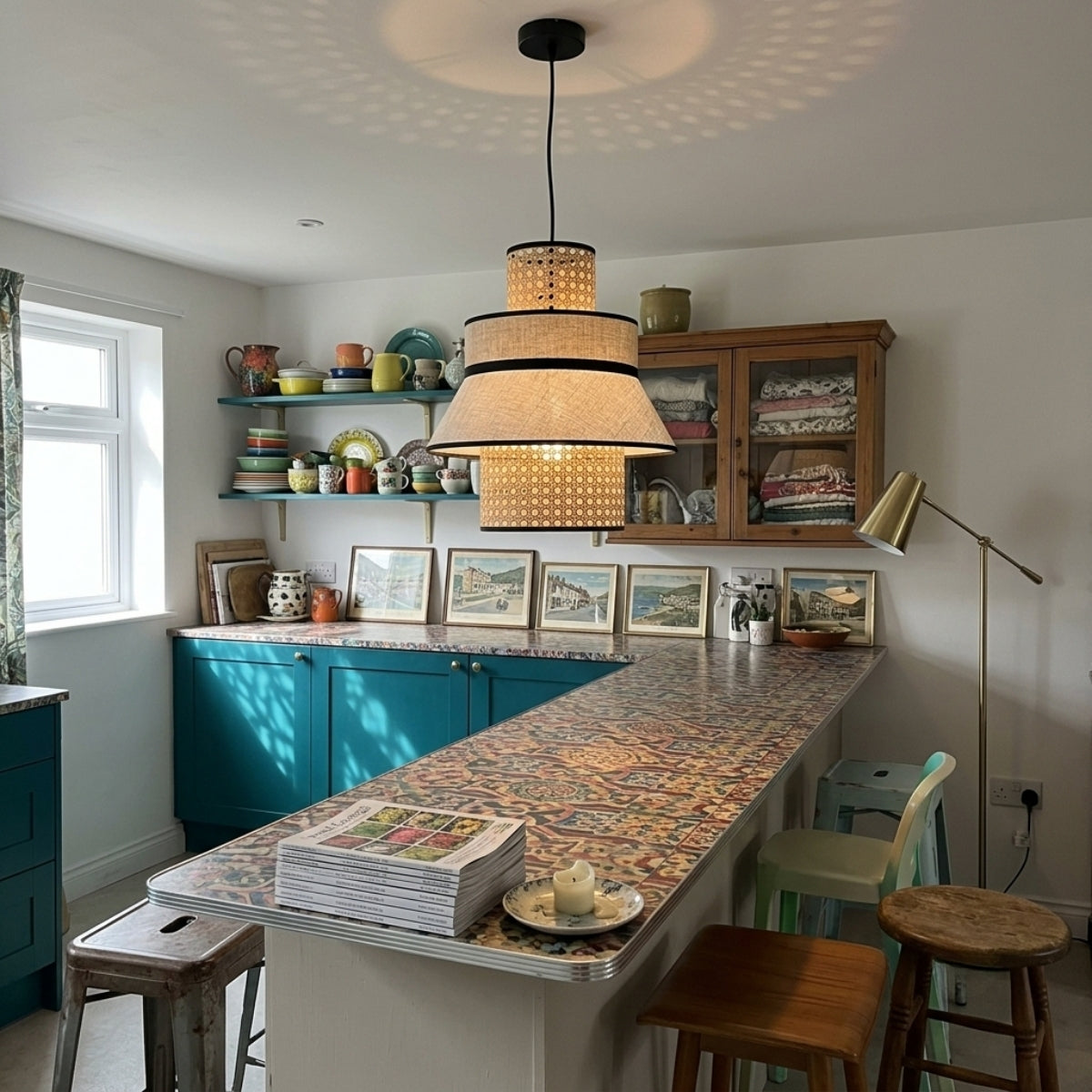 Singapour Cylinder Tiered Rattan Pendant Light over kitchen island, shallow cylinders repeated in a row throwing broad even light across the prep surface