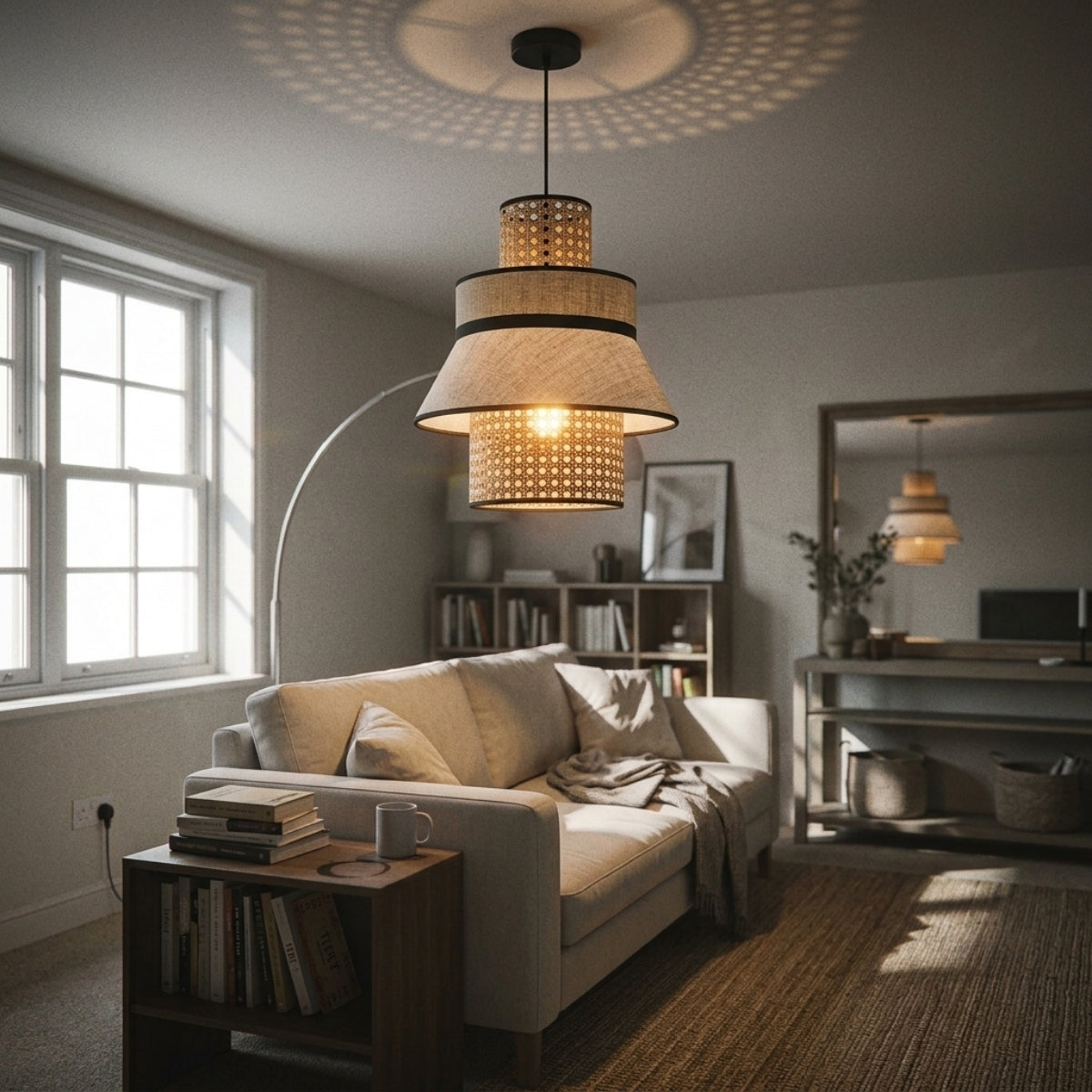 Singapour Cylinder Tiered Rattan Pendant Light in living room, tiered cylinder centered over the coffee table with rattan weave reading as ambient light beside the sofa