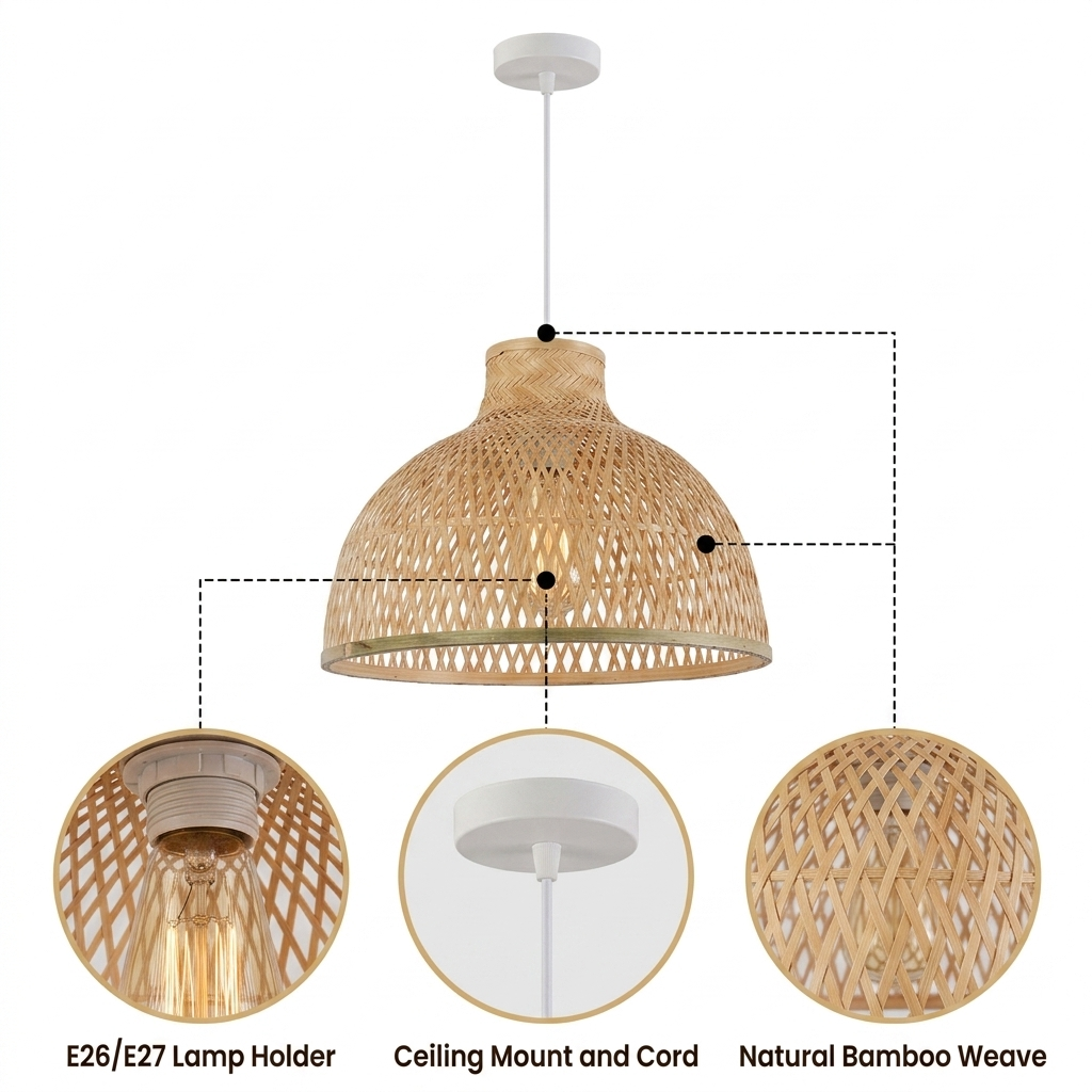 Singkawang Bamboo Woven Dome Pendant Light with dense diamond lattice weave, natural matte finish, adjustable-cord ceiling mount, one E26 socket for warm ambient glow