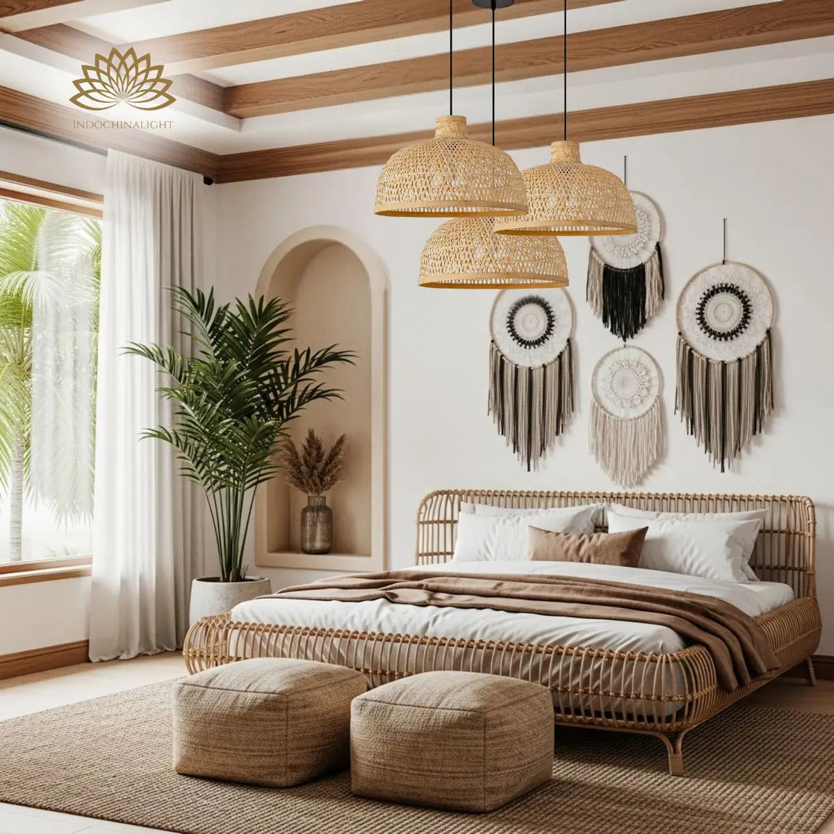 Singkawang Bamboo Woven Dome Pendant Light in bedroom, dome sits beside the bed like a lamp with diamond weave softening the ceiling glow for late evenings