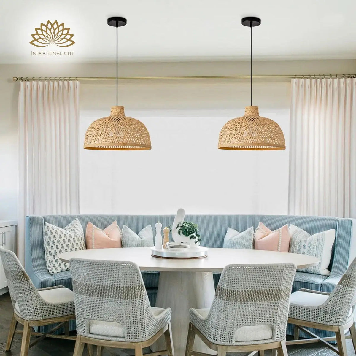Singkawang Bamboo Woven Dome Pendant Light in dining room, wide dome covers a standard table without eye-level glare, spreading warm light across the surface