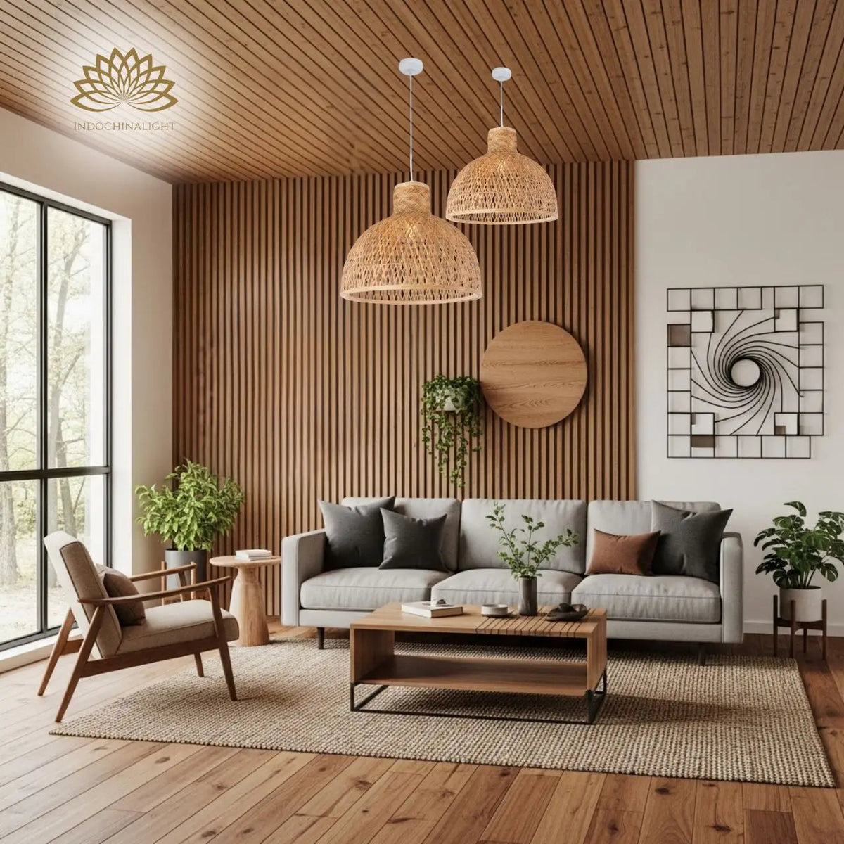 Singkawang Bamboo Woven Dome Pendant Light in living room, 23.6-inch dome reads as a centerpiece over the coffee table rather than a low-hanging fixture near the sofa