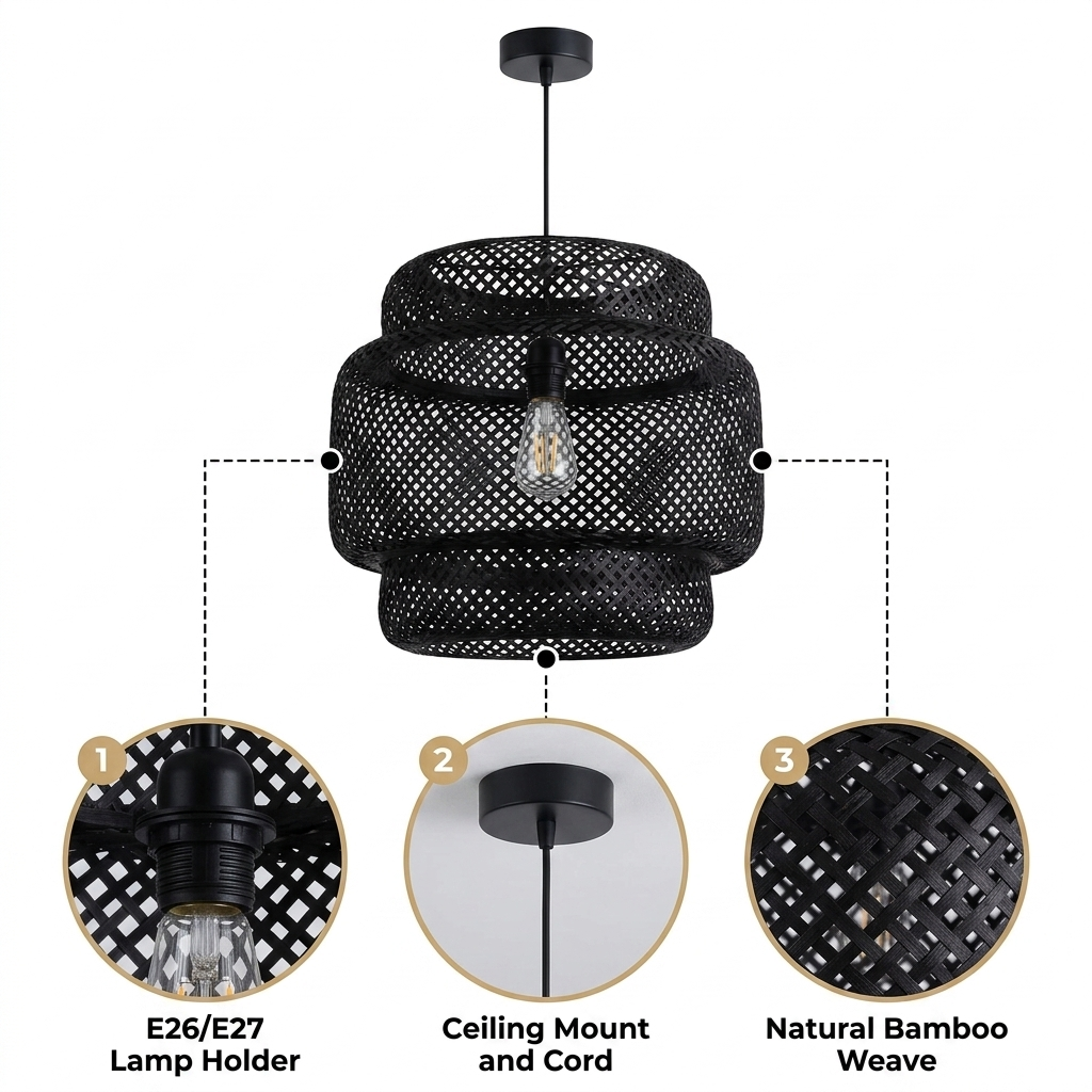 Sinnerlig Black Abstract Woven Bamboo Pendant Light Shade