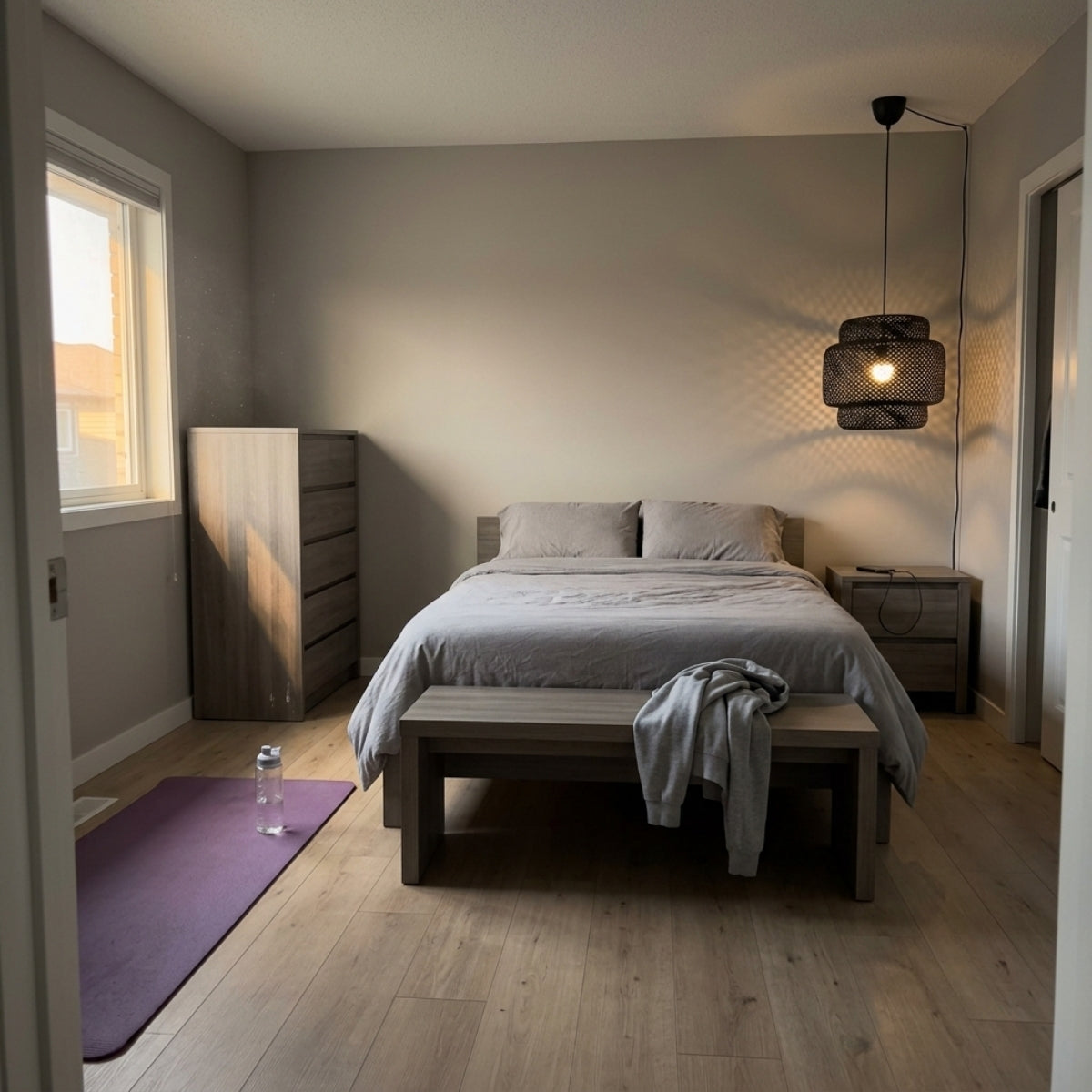 Sinnerlig Black Abstract Woven Bamboo Pendant Light Shade in bedroom, small black woven shade beside the bed giving soft glow for late reading without crowding