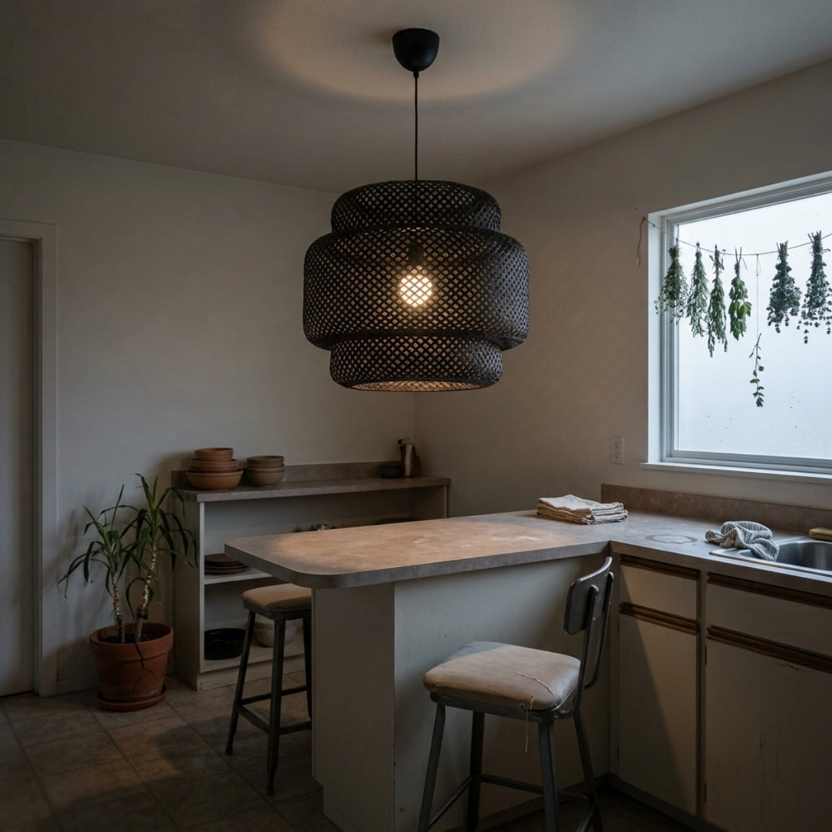 Sinnerlig Black Abstract Woven Bamboo Pendant Light Shade over kitchen island, clustered shades throwing even woven bamboo light across the counter without shadowing the surface