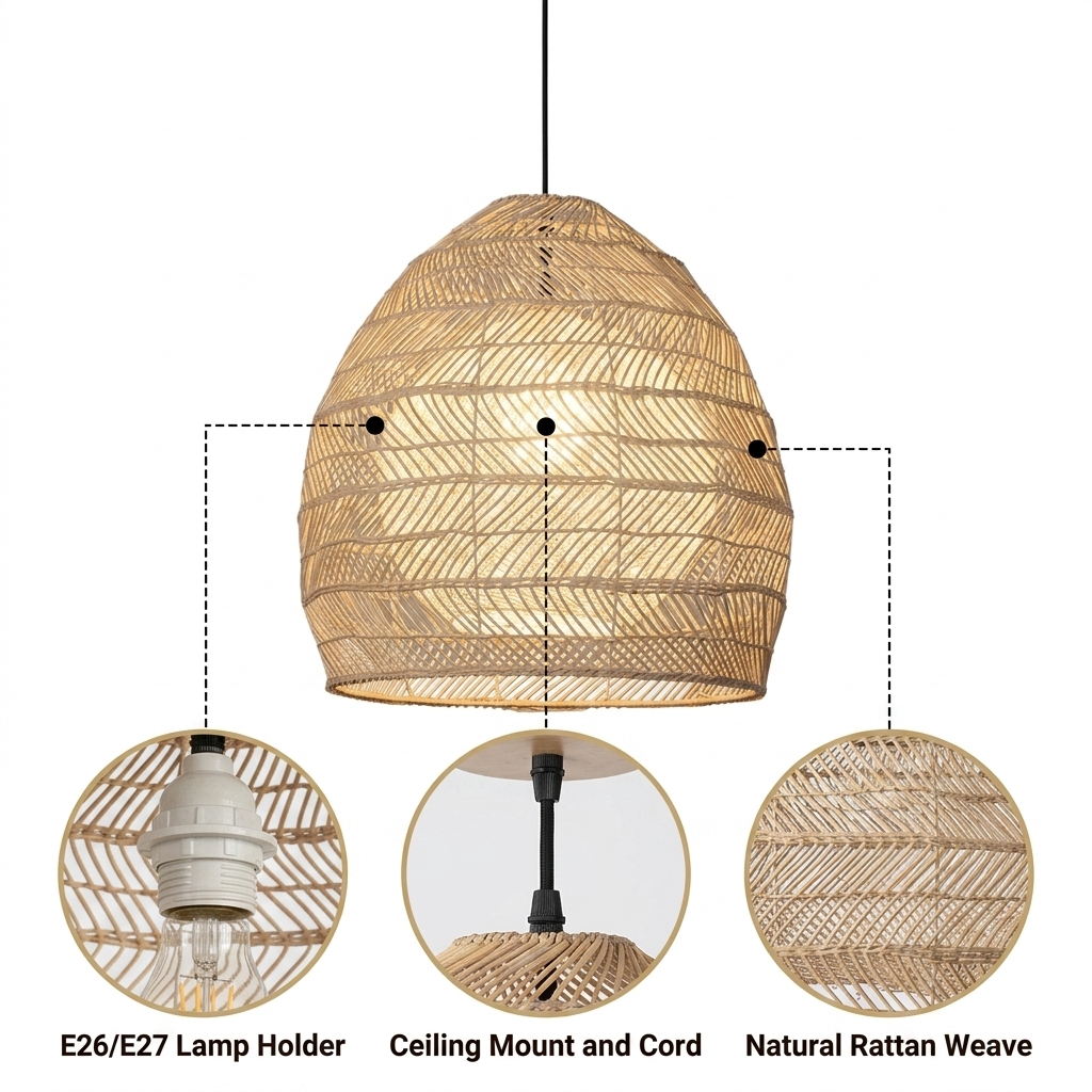Sivaji Rattan Basket Pendant Light with semi-open horizontal striped weave, natural matte finish, adjustable-cord ceiling mount, one E26 socket for warm ambient glow