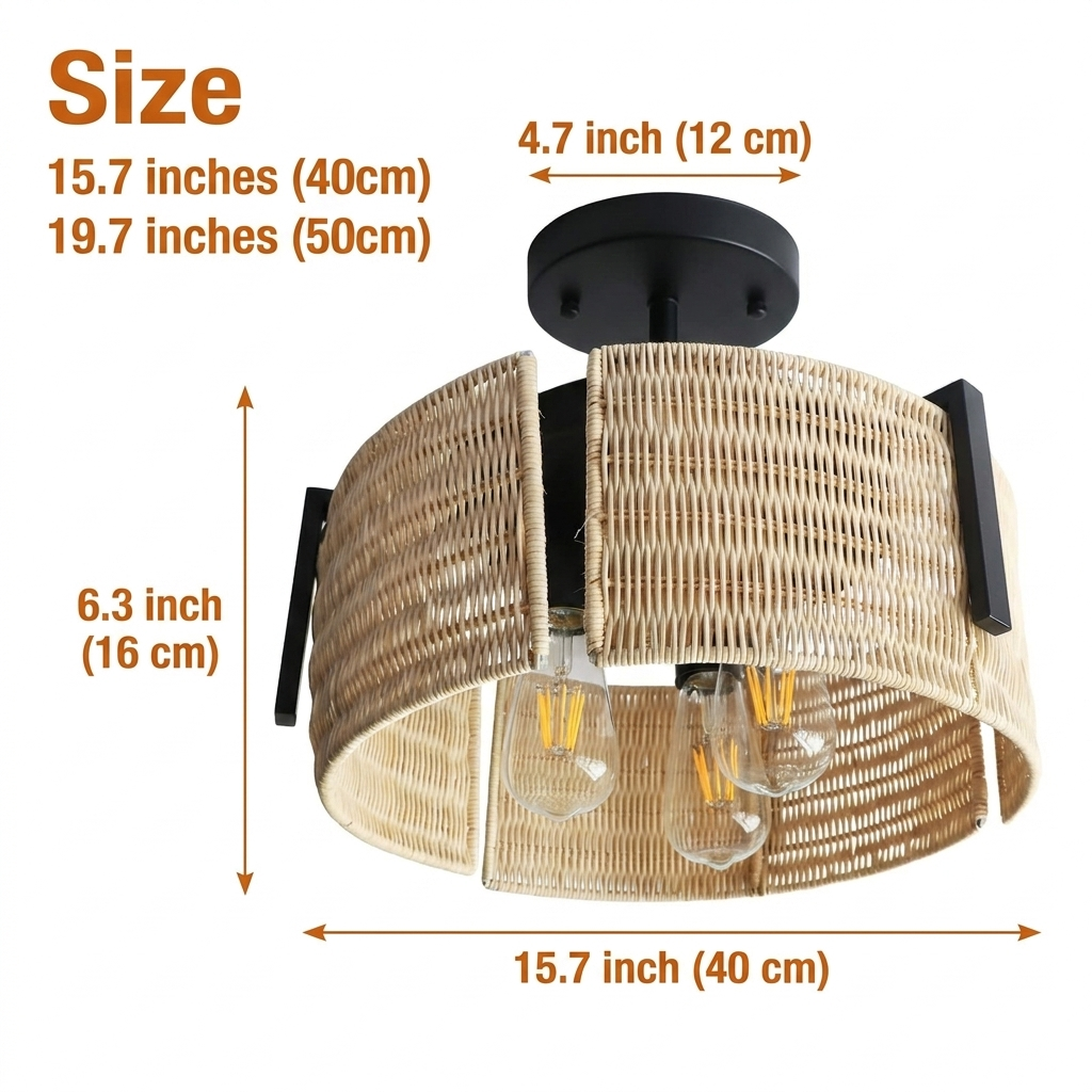 Grove Rattan Drum Flush Mount in 15.7-inch to 19.7-inch diameters, larger drum shows deeper woven texture and spreads more light than the smaller size