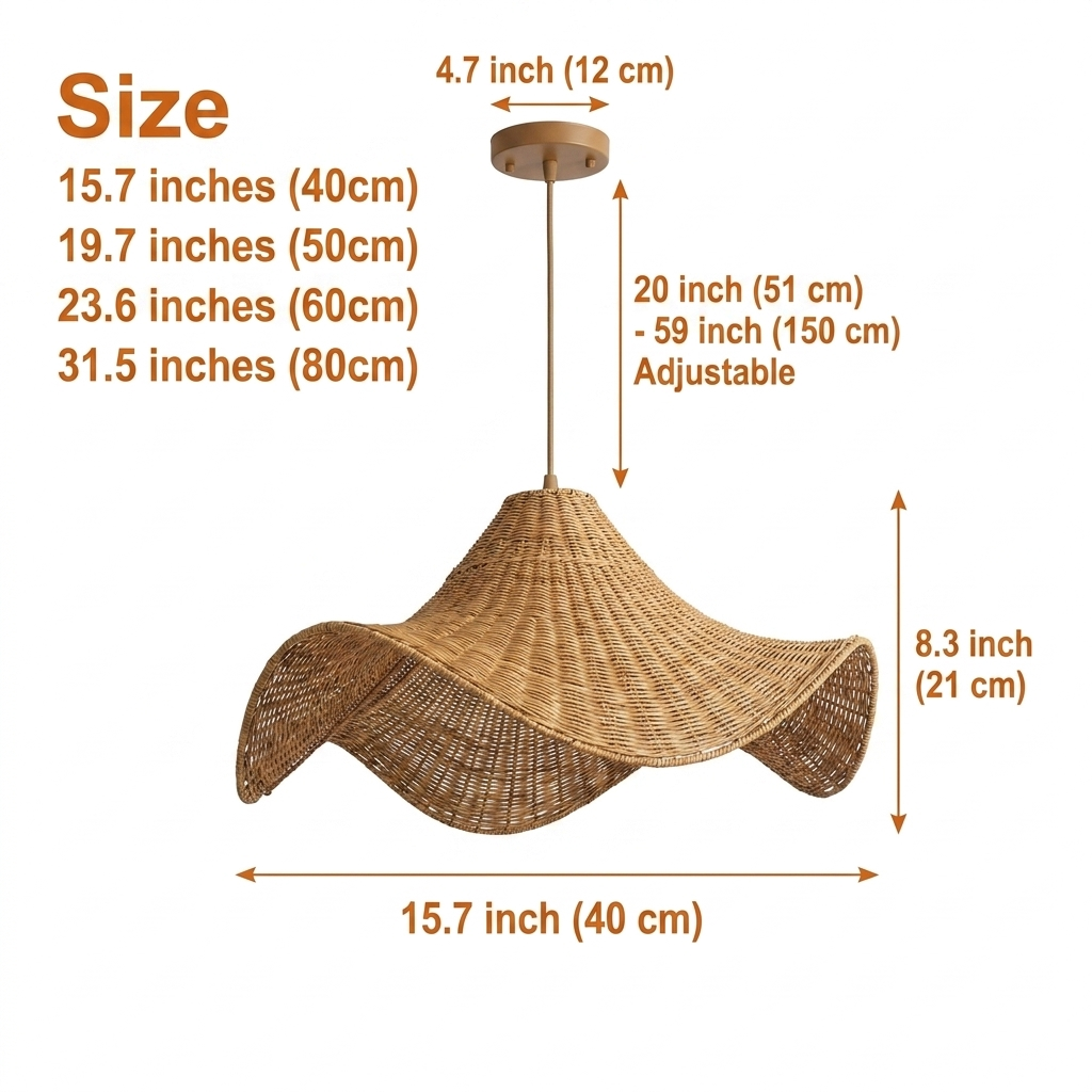 Selma Rattan Pendant Light in 15.7-inch to 31.5-inch diameters, undulating wave shape, larger sizes deepen shadow play while smaller shades glow softer and lighter