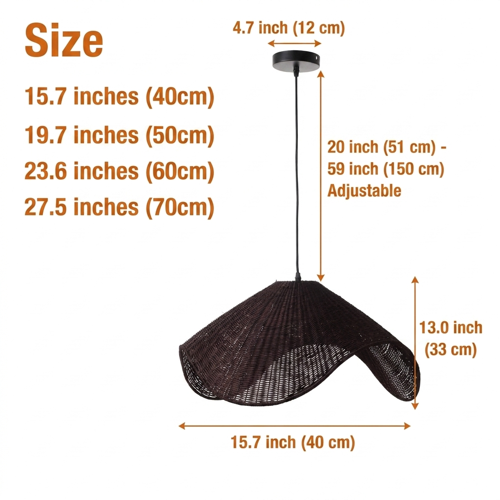 Adaya Black Wicker Rattan Pendant Light in 15.7-inch to 27.5-inch diameters, wave-curved wicker dome, larger sizes show more woven surface and wider shadow patterns