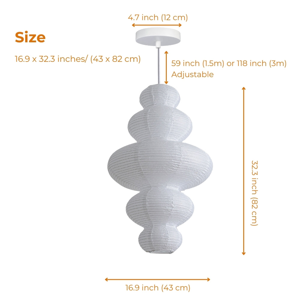 Akari Juni Paper Pendant Light at 16.9-inch diameter by 32.3-inch height, pinched hourglass silhouette suited to rooms with 8 to 9-ft ceilings