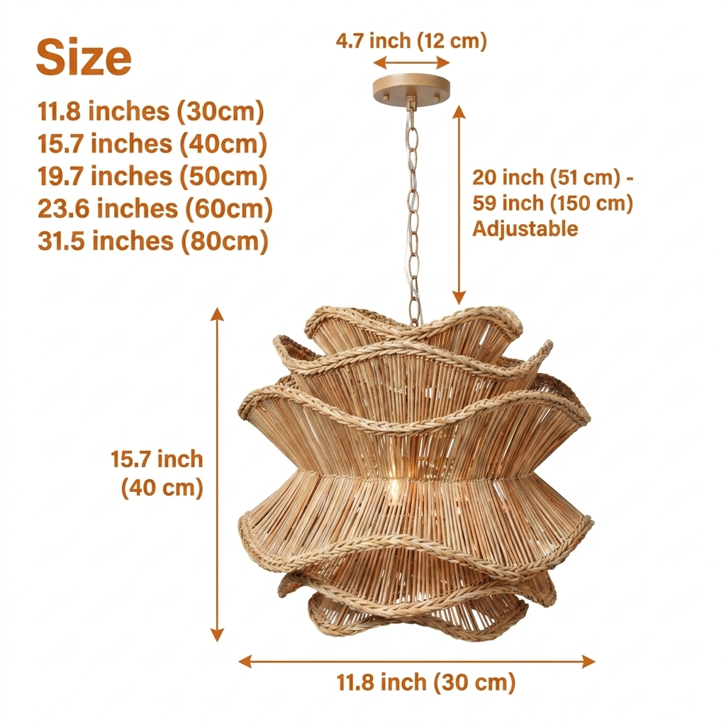 Alondra Rattan Wave Pendant Light in 15.7-inch to 39.4-inch diameters, undulating open-weave rattan, larger sizes deepen the waves shadow play while smaller shades ripple tighter light