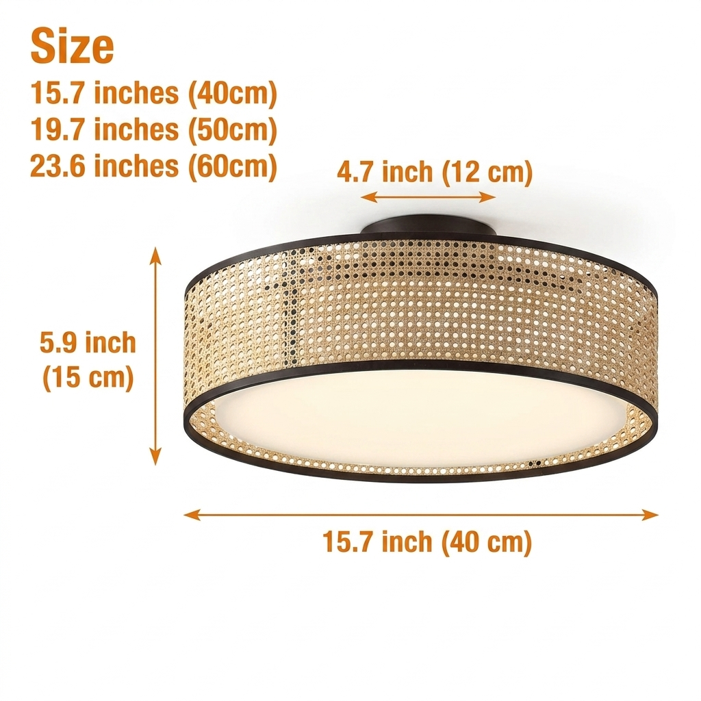 Alora Lyla Rattan Drum Flush Mount in 15.7-inch to 23.6-inch diameters, perforated wicker drum, larger sizes spread perforated light wider while smaller drums stay close and intimate