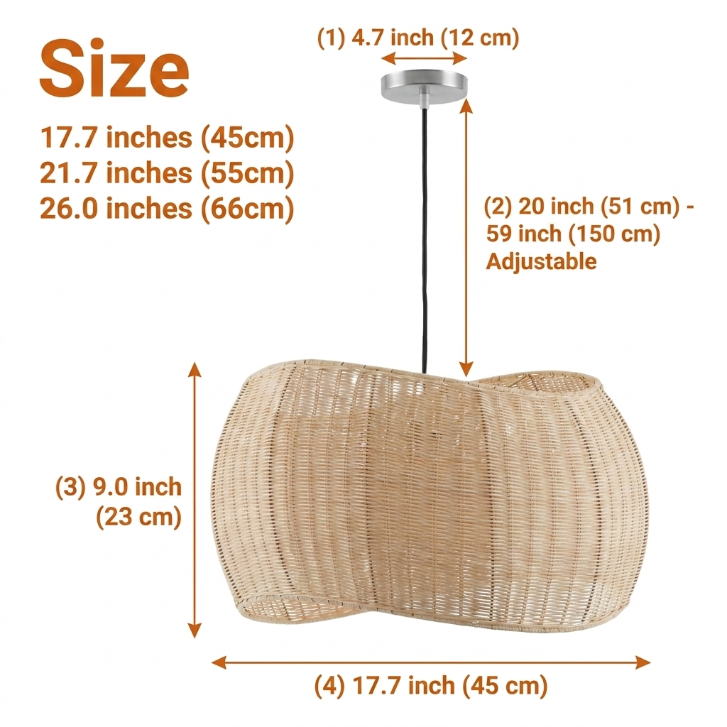 Althea Wicker Rattan Pendant Light in 17.7-inch to 26-inch diameters, open wicker wave dome, larger diameters widen the curve and spread shadow patterning across a bigger floor area