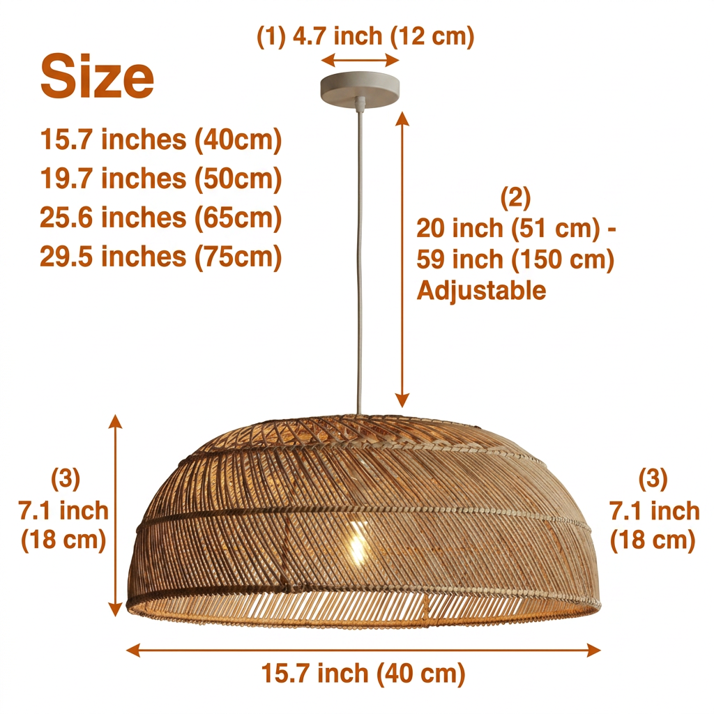 Amara Dome Rattan Woven Pendant Light in 15.7-inch to 29.5-inch diameters, open lattice woven dome, larger domes show more open weave while smaller sizes keep the light understated