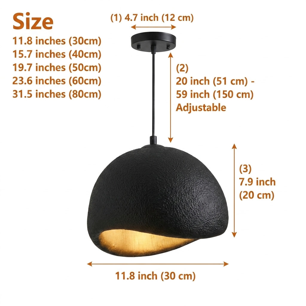 Amik Wabi Sabi Black Resin Pendant Light in 11.8-inch to 31.5-inch diameters, hand-molded organic texture, larger domes cast a bolder downward pool than the subtler smaller sizes