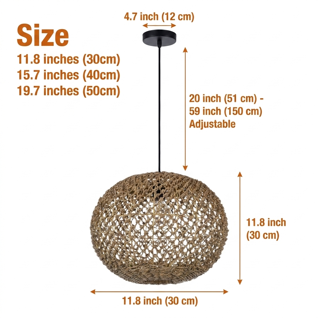 Antigua Flat Round Wicker Pendant Light in 11.8-inch to 19.7-inch diameters, larger sizes cast a wider glow and show more jute weave than the subtle accent size