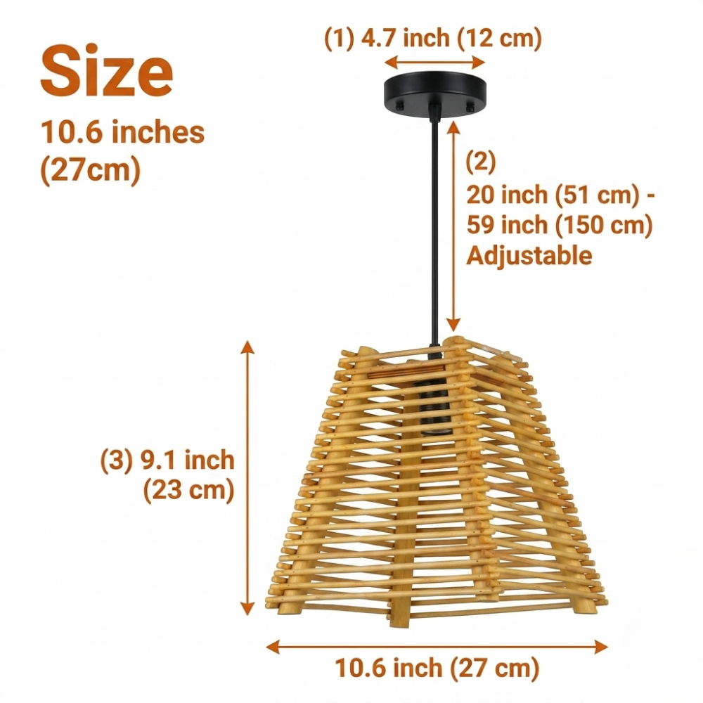 Arana Small Bamboo Pendant Light measures 10.6 inches wide, its compact bamboo strip weave suiting bedside tables and tight nooks needing focused, low-key light