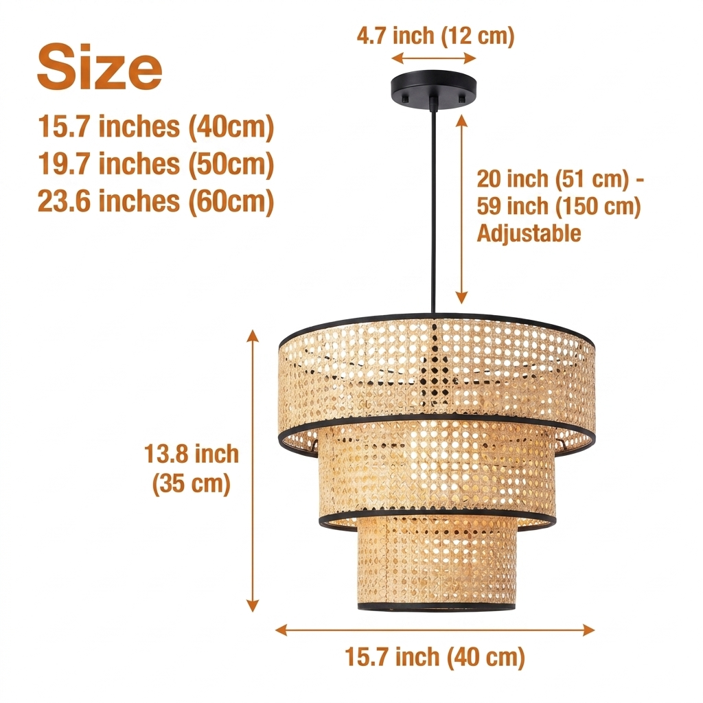 ArcoMead 3-Tiered Rattan Drum Pendant Light in 15.7-inch to 23.6-inch diameters, larger tiers widen light spread while smaller drums show tighter weave detail up close