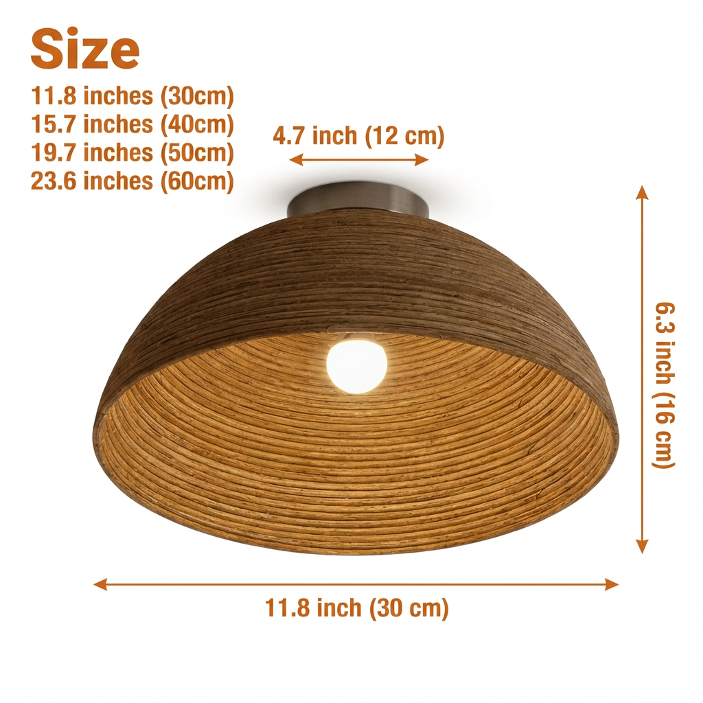 Arden Nickel Rattan Ceiling Light in 11.8-inch to 23.6-inch diameters, larger domes show more coil rings and cast wider shadow bands with heavier visual weight