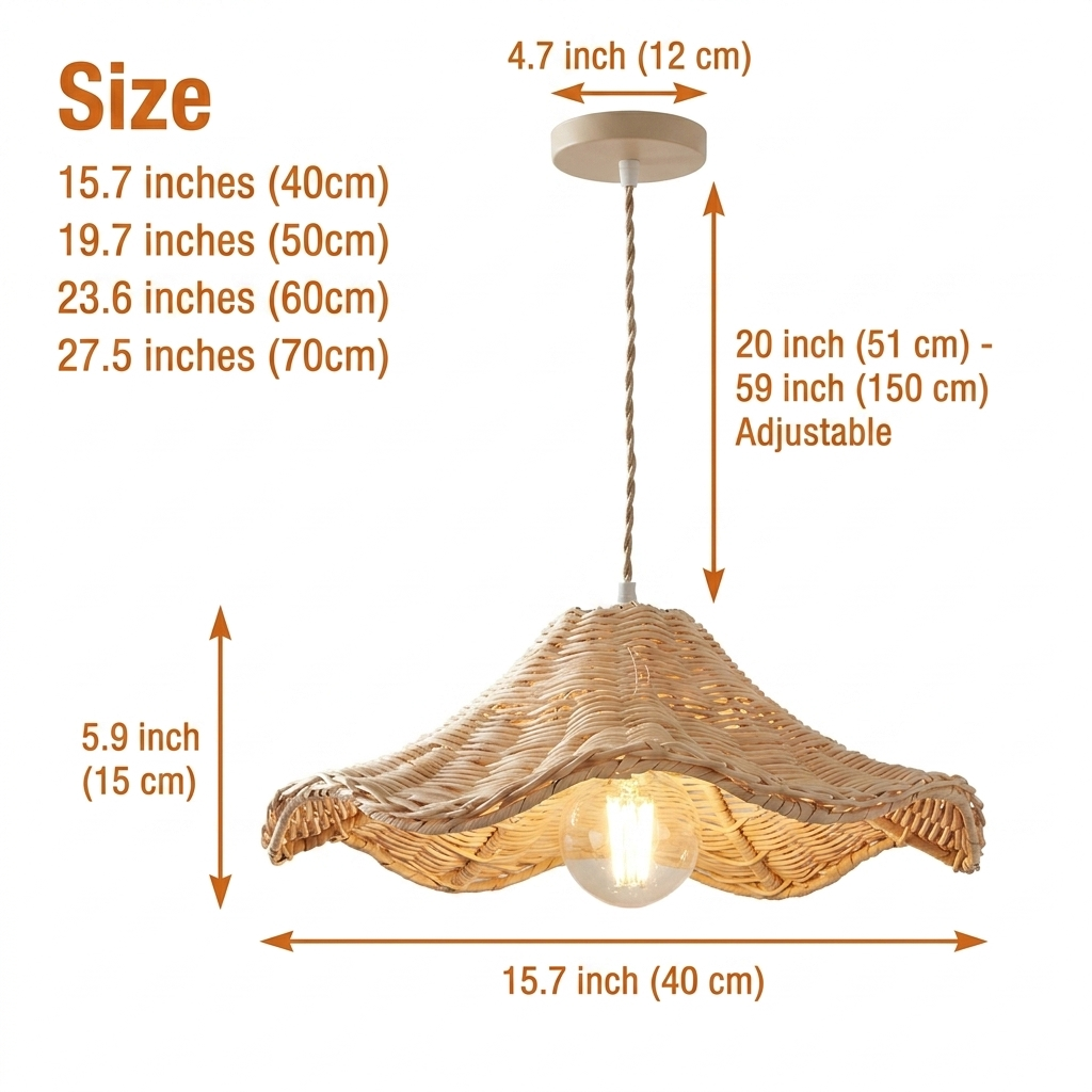 Ariel Rattan Wave Pendant Light in 15.7-inch to 27.5-inch diameters, larger shades widen the light spread while smaller ones keep the wave weave tighter and airier
