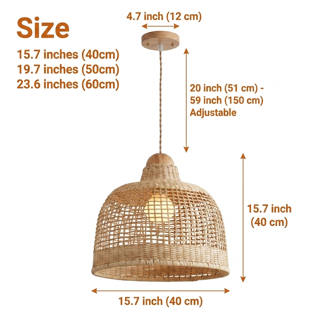 Arturesthome Rattan Basket Weave Pendant Light in 15.7-inch to 23.6-inch diameters, larger domes show more open weave and cast wider patterns than the lighter small size