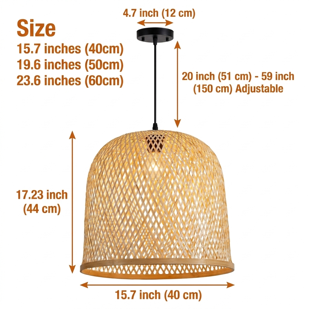 Arun Bamboo Pendant Light Shade in 15.7-inch to 23.6-inch diameters, larger shades reveal more diamond lattice and throw a wider shadow pattern than smaller sizes