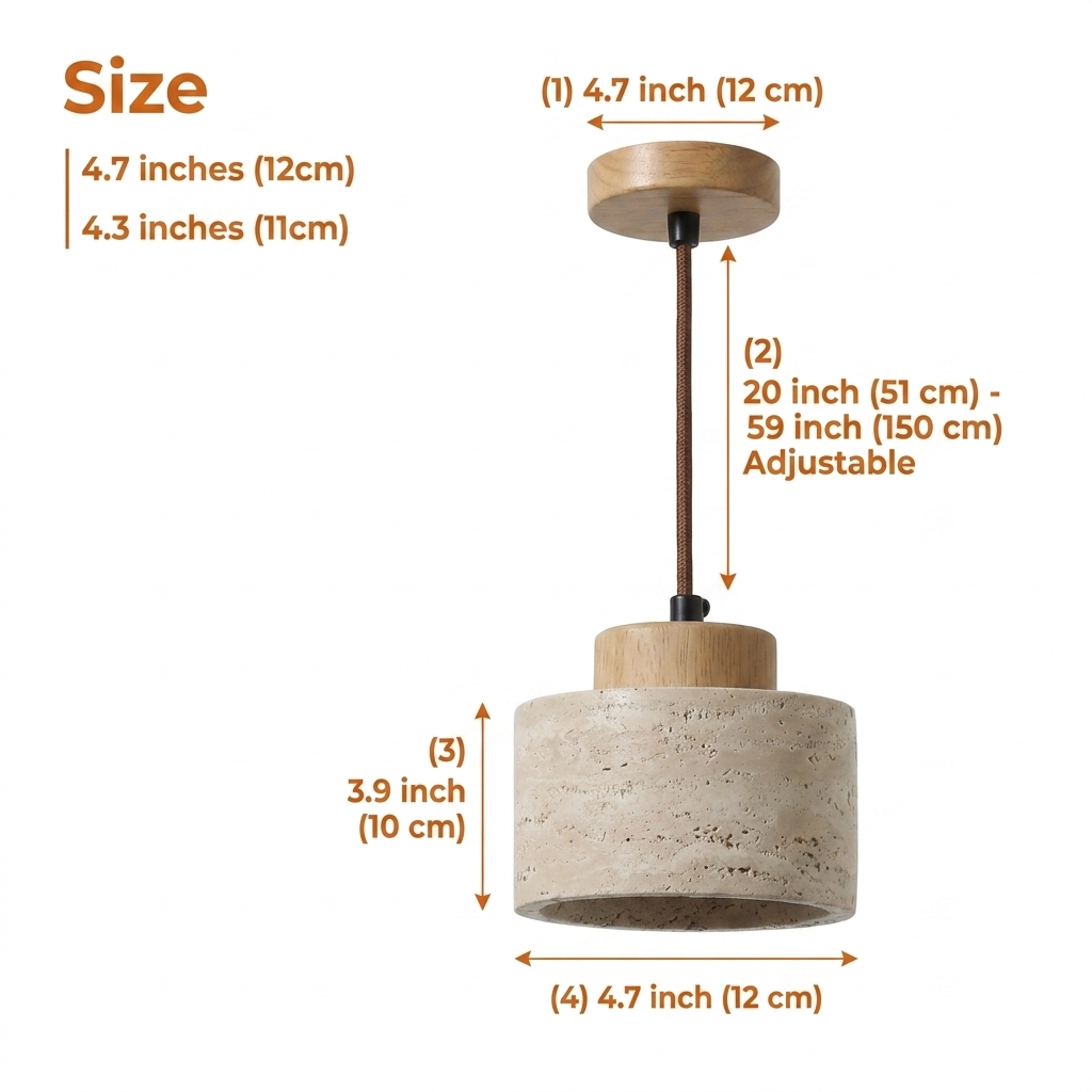 Arvo Wabi Sabi Cylinder Travertine Stone Pendant Light in 3.9-inch to 6.5-inch heights, the taller size casts a longer downward pool and reads heavier than compact