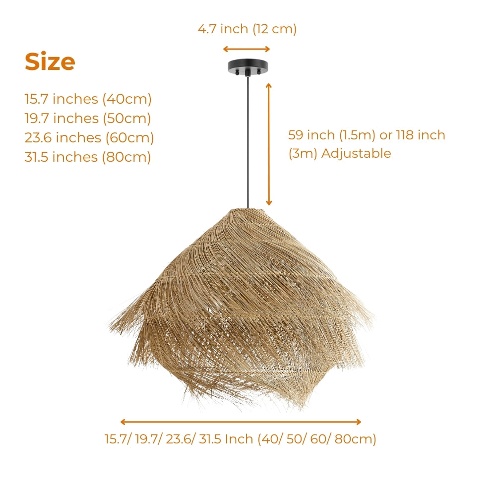 Ashburn Fringe Rattan Pendant Light in 15.7-inch to 31.5-inch diameters, larger sizes show more fringe layers and wider honey-toned shadow than the tighter smaller glow