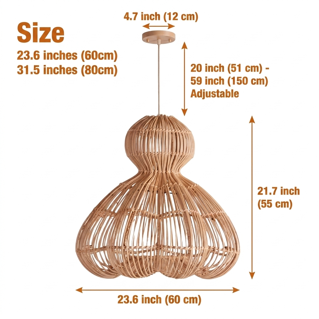 Aurelia Large Rattan Pendant Light in 23.6-inch and 31.5-inch diameters, the larger size casts a bolder shadow pattern while the smaller keeps an airier presence