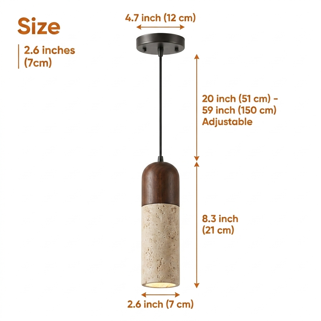 Auren Wabi Sabi Cylinder Travertine Stone and Wood Pendant Light in a 2.6-inch diameter, the mini stone cylinder casts a small focused glow for intimate nightstand or dining spots