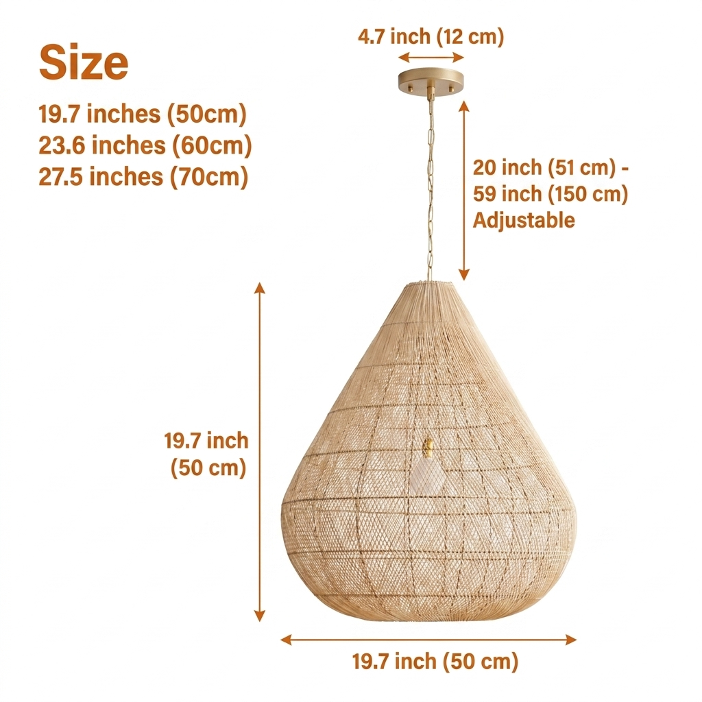 Ayanna Teardrop Rattan Pendant Light in 19.7-inch to 27.5-inch diameters, larger shades widen the light pool and show more coiled banding than the compact size