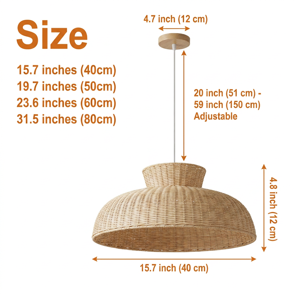 Balla Wicker Rattan Pendant Light in 15.7-inch to 31.5-inch diameters, larger shades cast a wider glow while smaller sizes show the weave detail up close