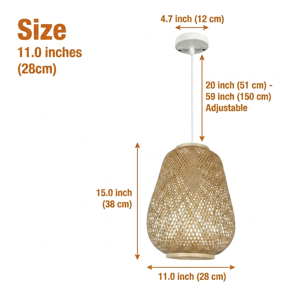 Bambuvalaisin Lauha Bamboo Woven Pendant Light Shade in an 11-inch diameter, the single size fits bedside tables and small dining nooks with a compact woven glow