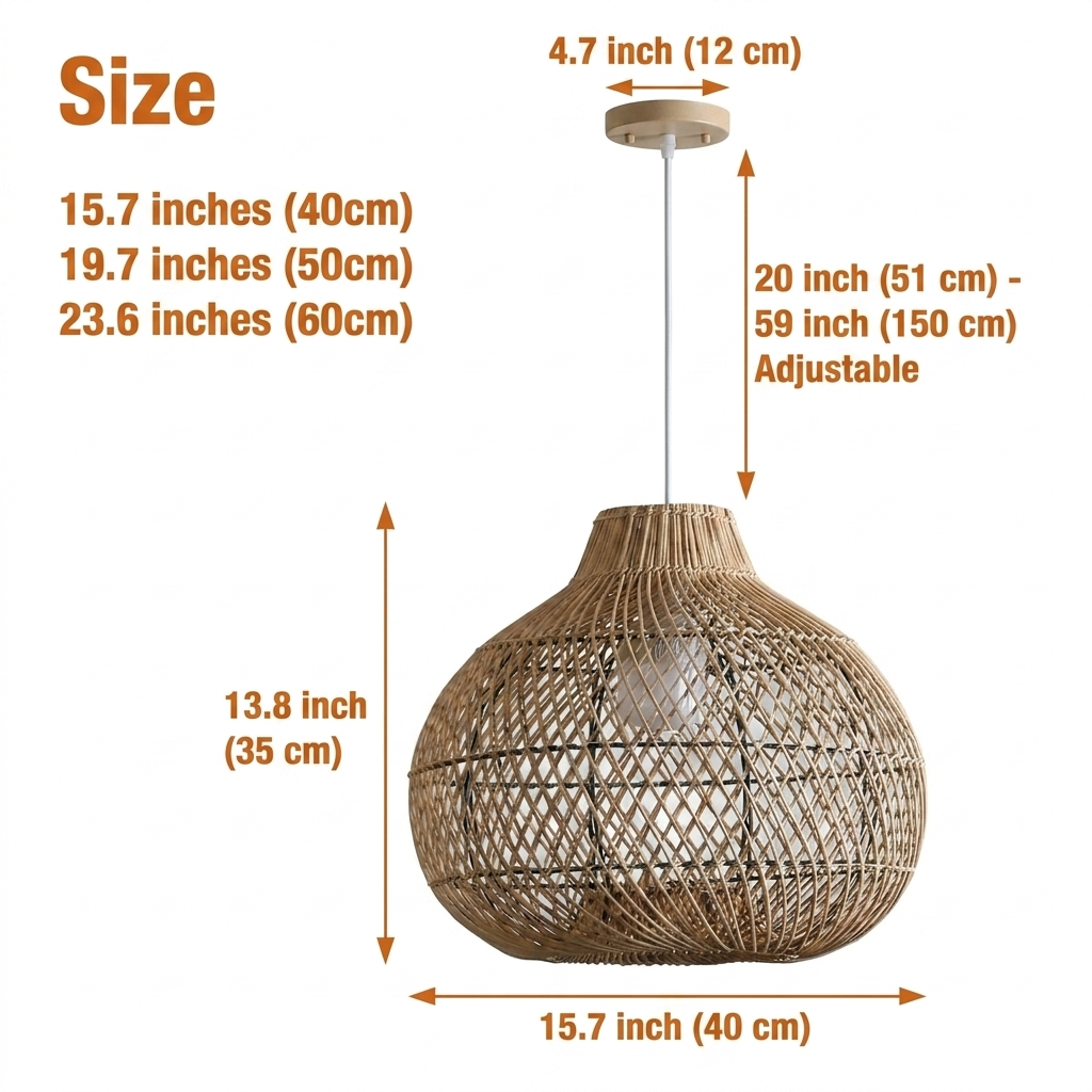 Batcheller Ball Rattan Pendant Light Basket Weave in 15.7-inch to 23.6-inch diameters, larger globes open more lattice surface and cast wider overhead shadow patterns