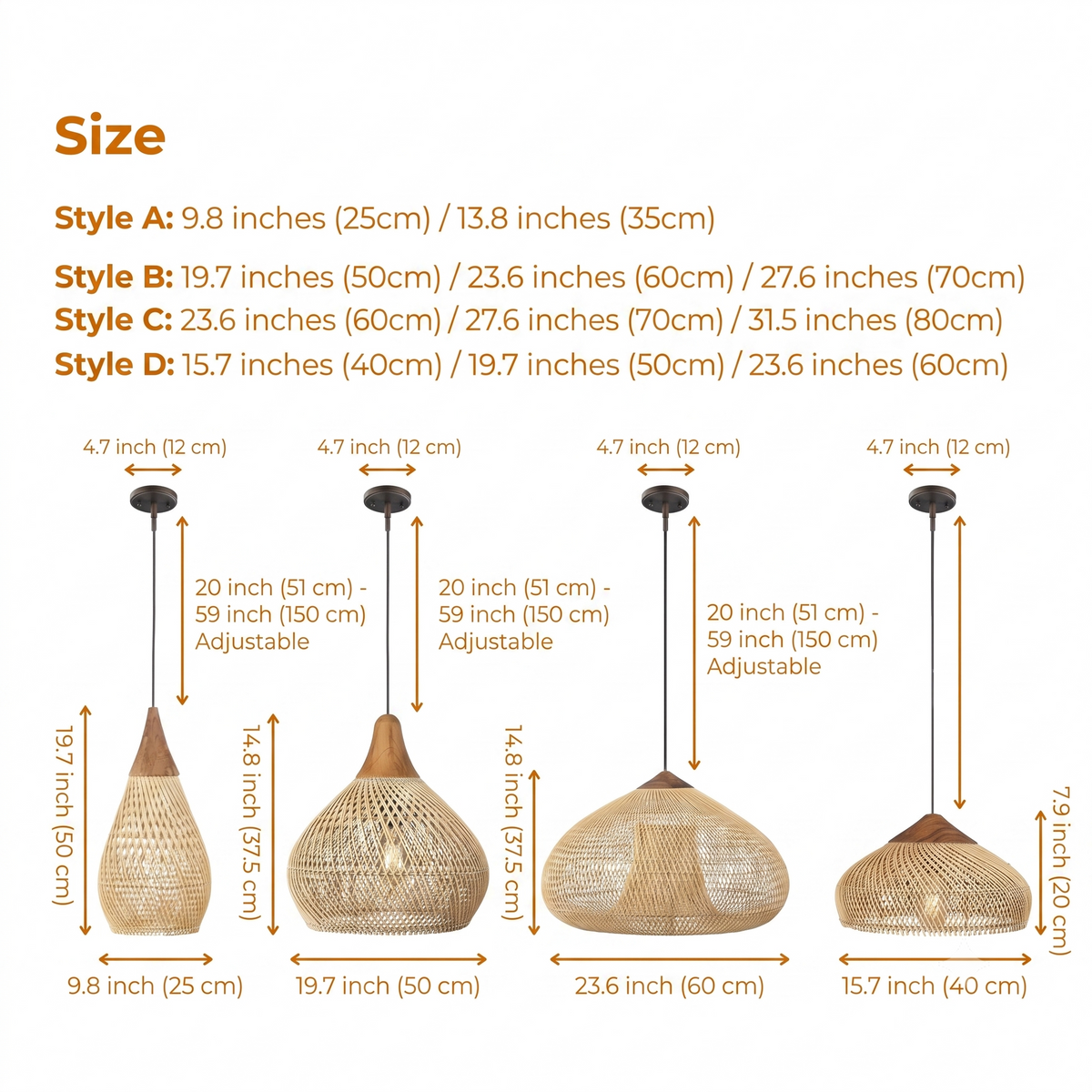 Bathari Wabi Sabi Rattan Pendant Light in 9.8-inch to 31.5-inch diameters, larger sizes cast wider shadow patterns while smaller ones keep the lattice weave intimate