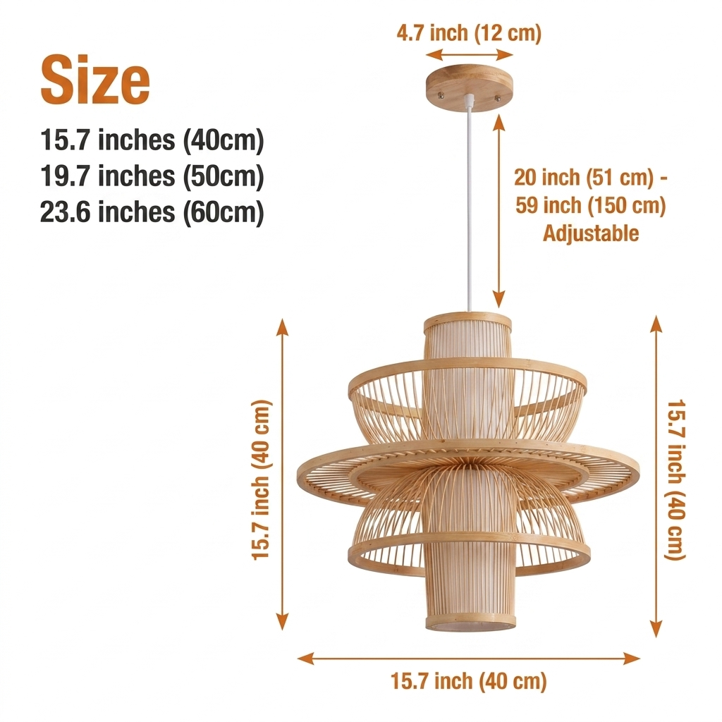 Bayou Wabi Sabi Tiered Bamboo Pendant Light in 15.7-inch to 23.6-inch diameters, larger tiers cast wider shadow patterns while smaller sizes keep bamboo detail visible