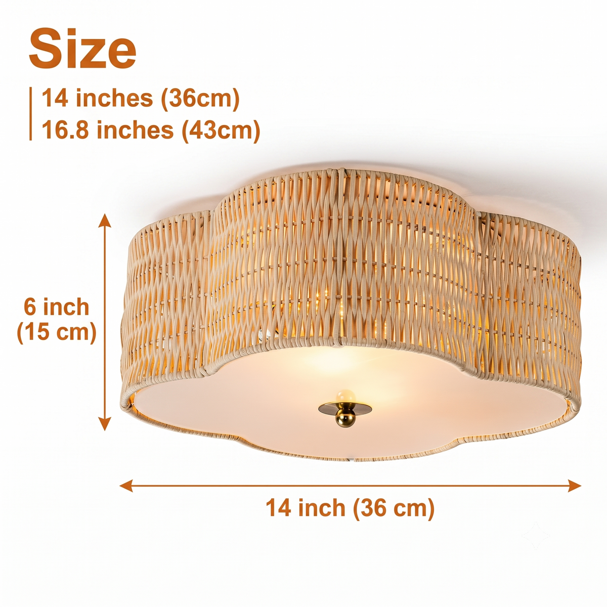 Beachcrest Boho Rattan Ceiling Light in 14-inch and 16.8-inch diameters, the larger size spreads light over a wider area revealing more basket-weave shadow pattern