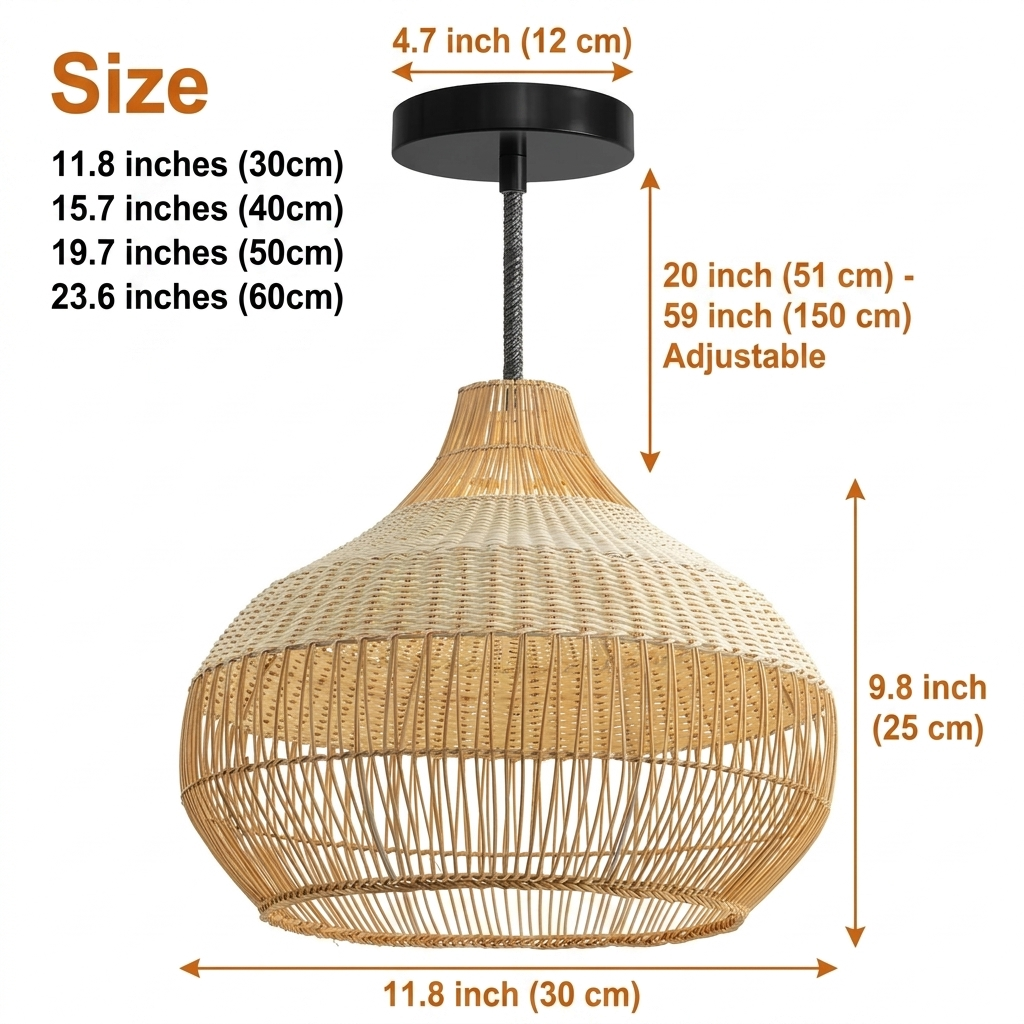 Beatrice Boho White Dome Basket Rattan Pendant Light in 11.8-inch to 23.6-inch diameters, larger domes show more open weave and cast wider shadow patterns