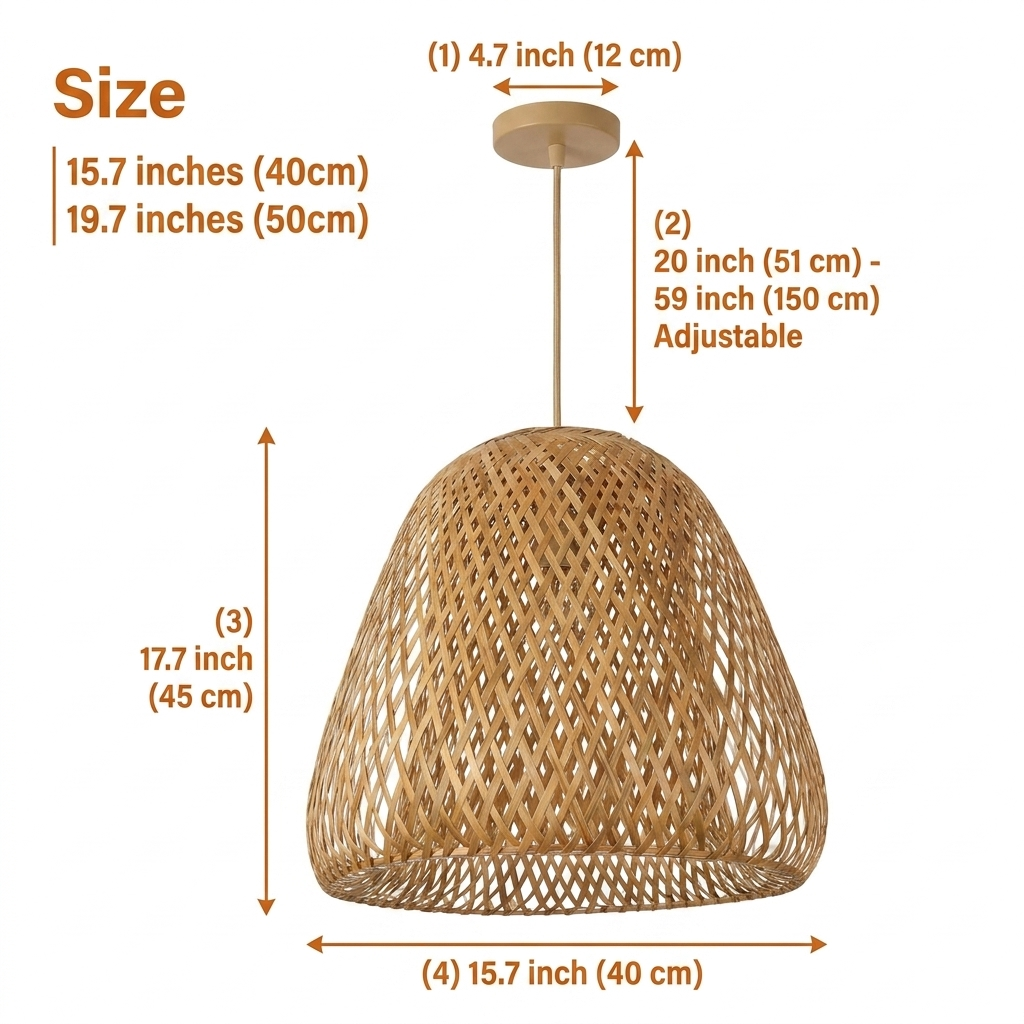 Beirut Woven Bamboo Pendant Light Shade in 15.7-inch and 19.7-inch diameters, the larger size throws a wider dappled-shadow spread than the compact bell shape