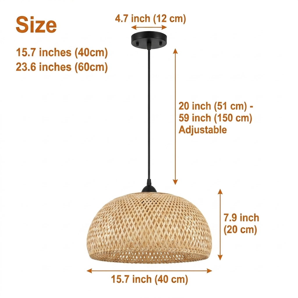 Bemith Beige Oval Bamboo Pendant Light in 15.7-inch and 23.6-inch diameters, oval basket weave with the larger size casting wider light and more visual weight