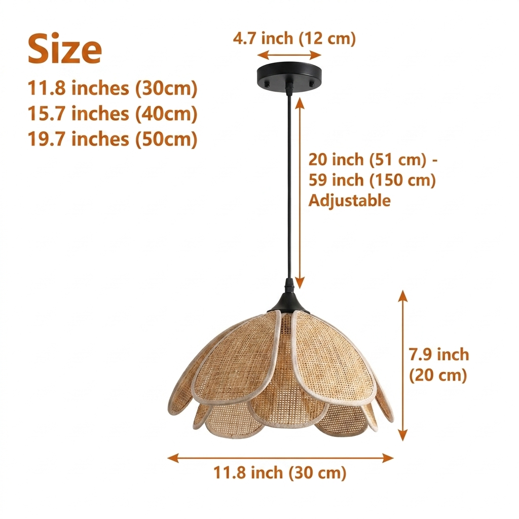 Bloom Wabi Sabi Rattan Pendant Light in 11.8-inch to 19.7-inch diameters, overlapping woven petals with larger sizes showing more layers and softer wider spread