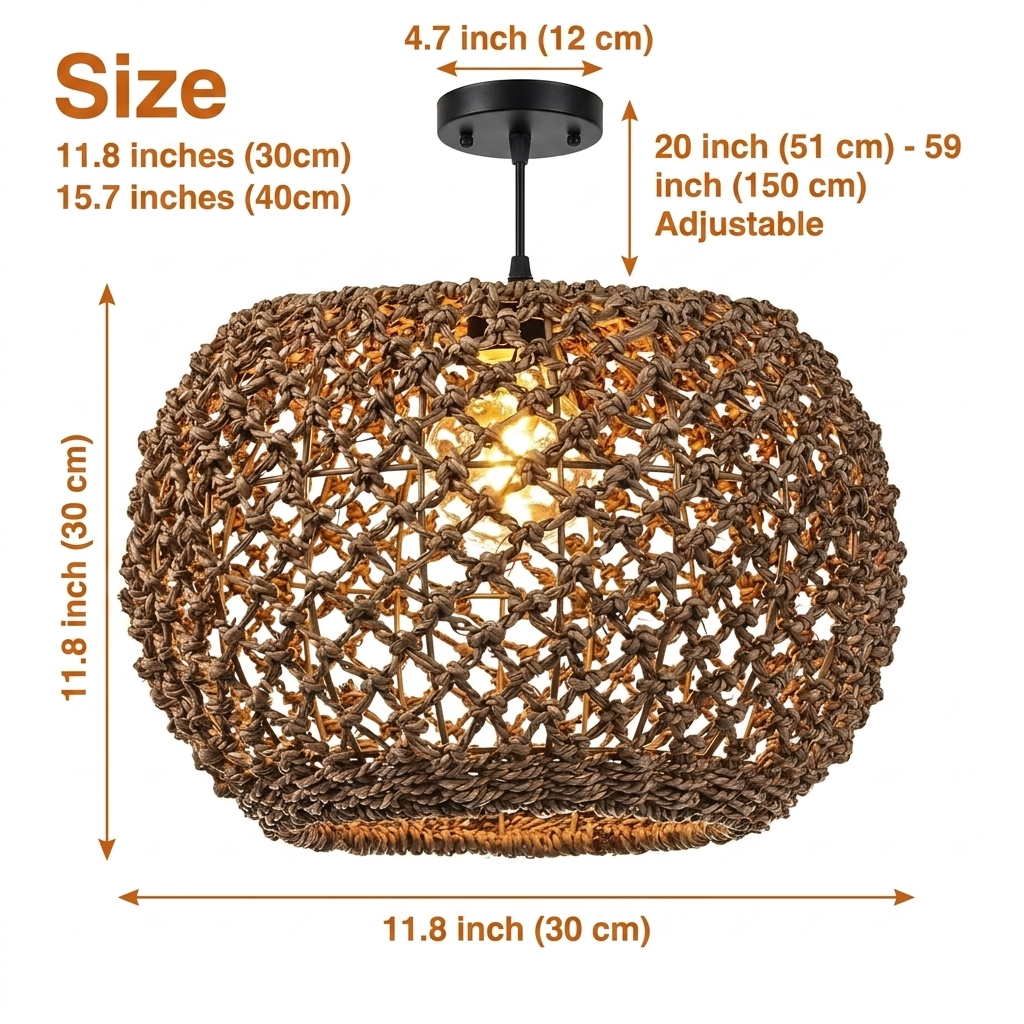 Boho Globe Small Basket Pendant Light in 11.8-inch and 15.7-inch diameters, the larger globe casts a wider glow while the smaller shows finer weave detail